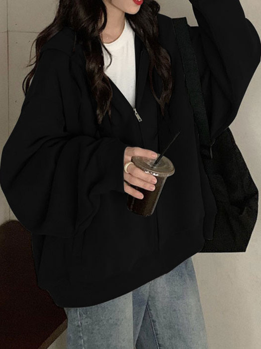 连帽卫衣女秋oie新薄款拉链外套is潮牌宽松慵懒风开衫上衣|undefined