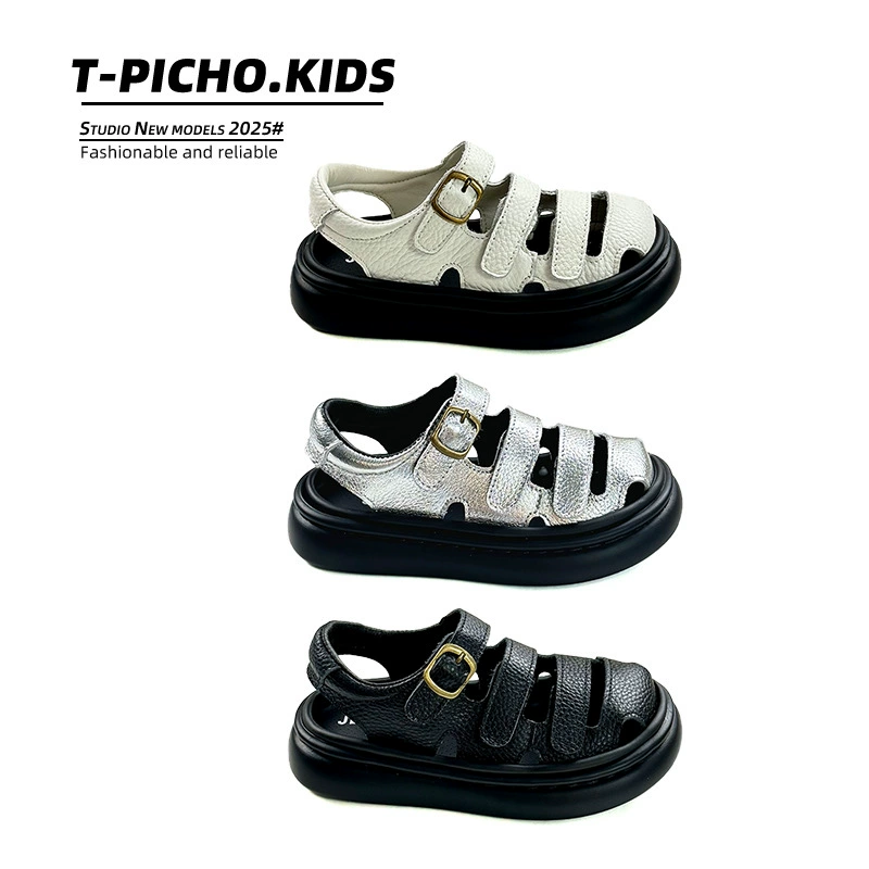 Детские сандалии из натуральной кожи с открытым носком, лето 2025, новая коллекция, обувь для мальчиков в корейском стиле, универсальные пляжные туфли для девочек