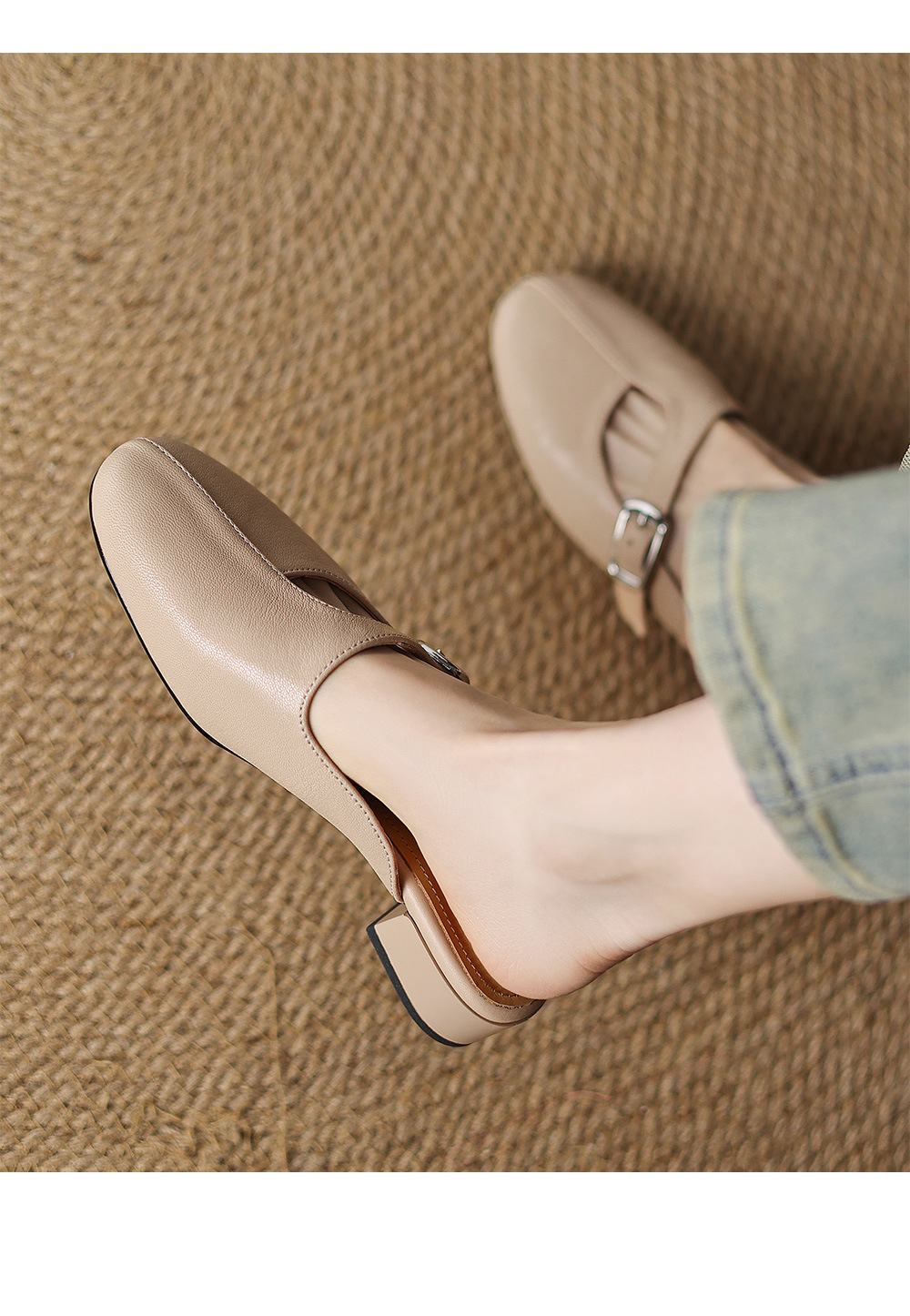 Dép sandal nữ da bò trùm đầu hở gót gót thấp đơn giản — màu trắng ngà chi tiết 12