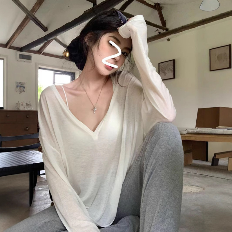 2025 Summer White Thin Micro-transparent V-neck Long-sleeved T-shirt Women's Summer Loose Sunscreen Blouse Lazy Style Top