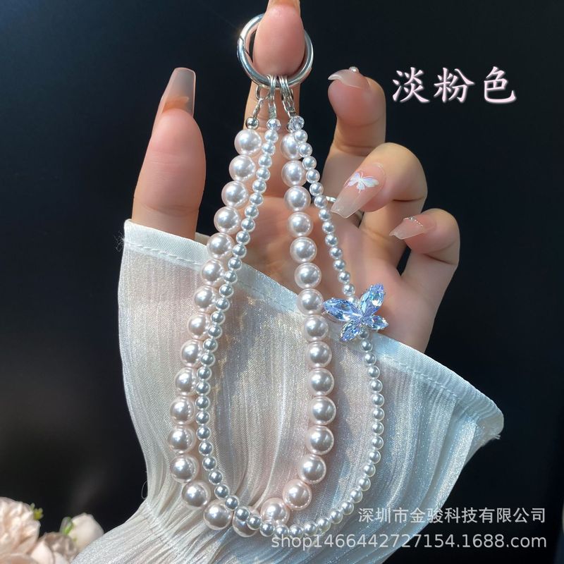 大華パール携帯電話チェーンリストストラップ携帯電話吊り下げチェーン蝶ジルコン新作高級感ダブルチェーン女性卸売|undefined