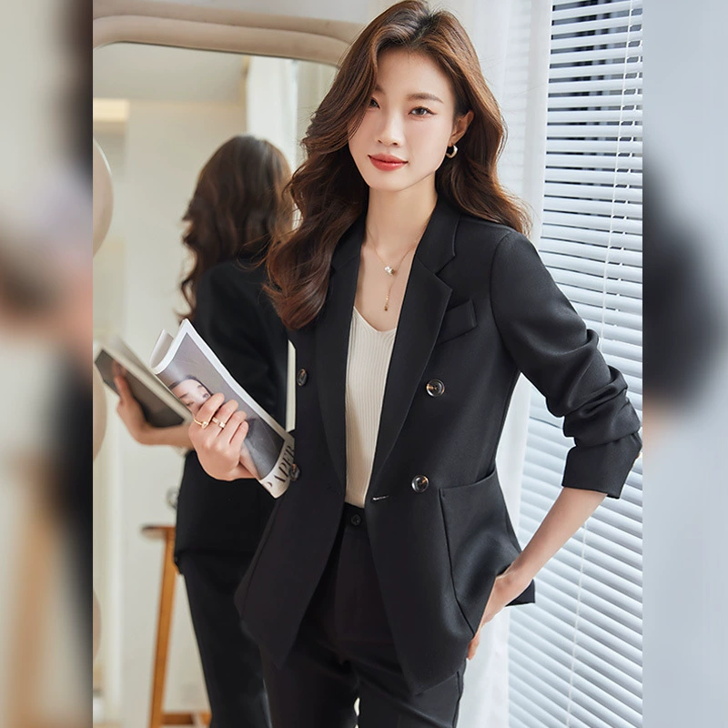 Classic women's demi-season suit set — blazer and trousers, brown, sizes S–4XL