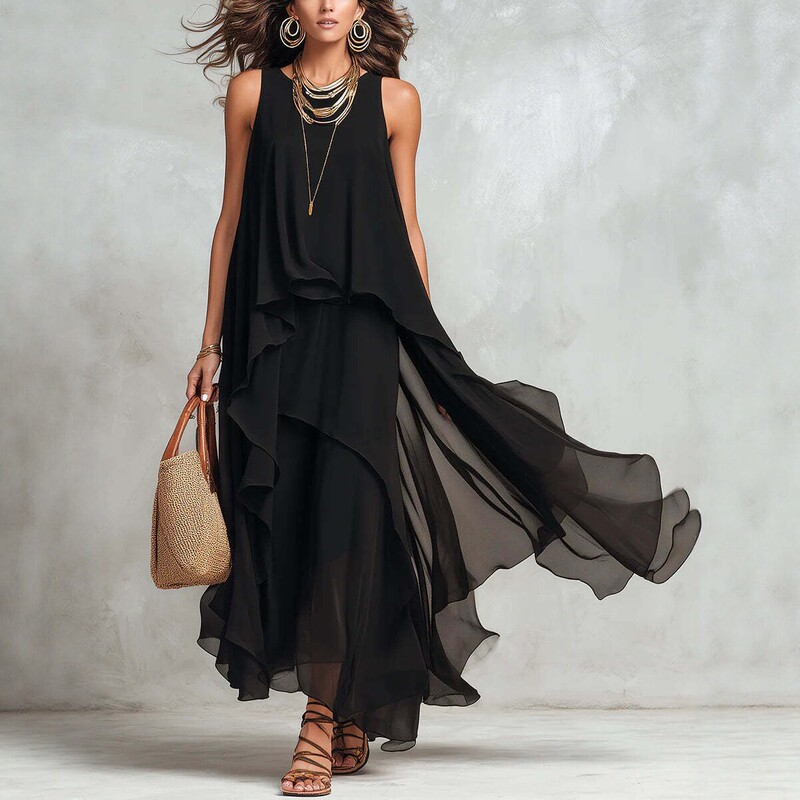 226 New Style European and American Style Black Sleeveless Asymmetrical Chiffon Long Dress with Elegant and Flowing Design for Women