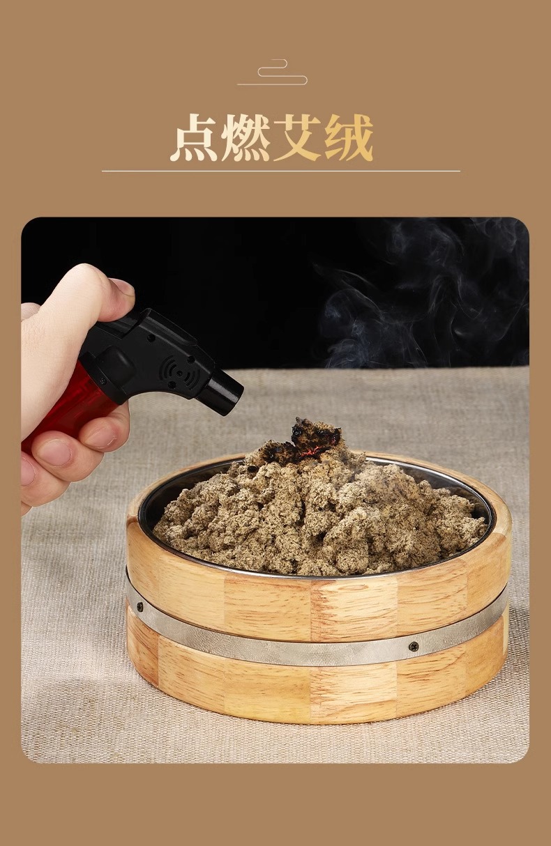 Oak Wood Ginger Moxibustion Box with Lid Large Size Home Ai Jiu Navel and Abdominal Warming Tool with 500g Aged Moxa Wool in use