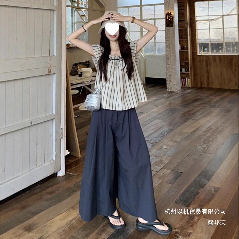 Factory Direct Sale Casual Suit for Women, Retro Striped Flutter Sleeve Shirt, 2025 Summer Loose Wide-Leg Casual Pants Factory Direct Sale Casual Suit for Women, Retro Striped Flutter Sleeve Shirt, 2025 Summer Loose Wide-Leg Casual Pants