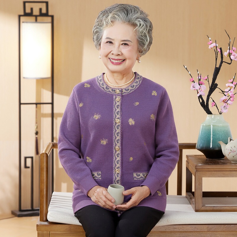 奶奶秋装外套老年人女长袖开衫妈妈秋冬针织衫老人太太加厚上衣服|undefined