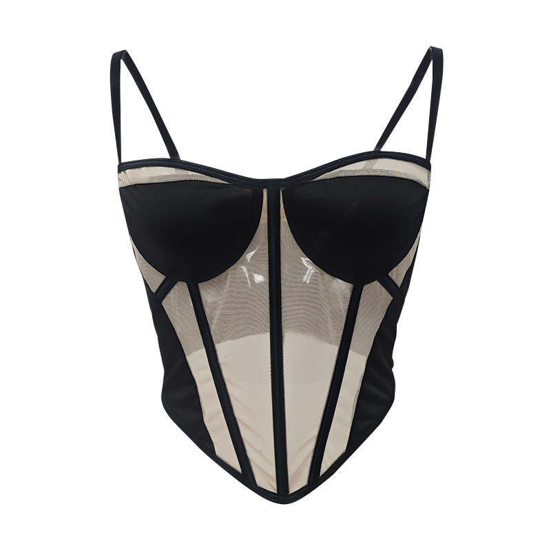 Comercio exterior transfronterizo nuevo estilo hilo de red hueca hueso de pescado sin espalda sexy top de tubo contraste cintura chica caliente chaleco pequeño top mujer