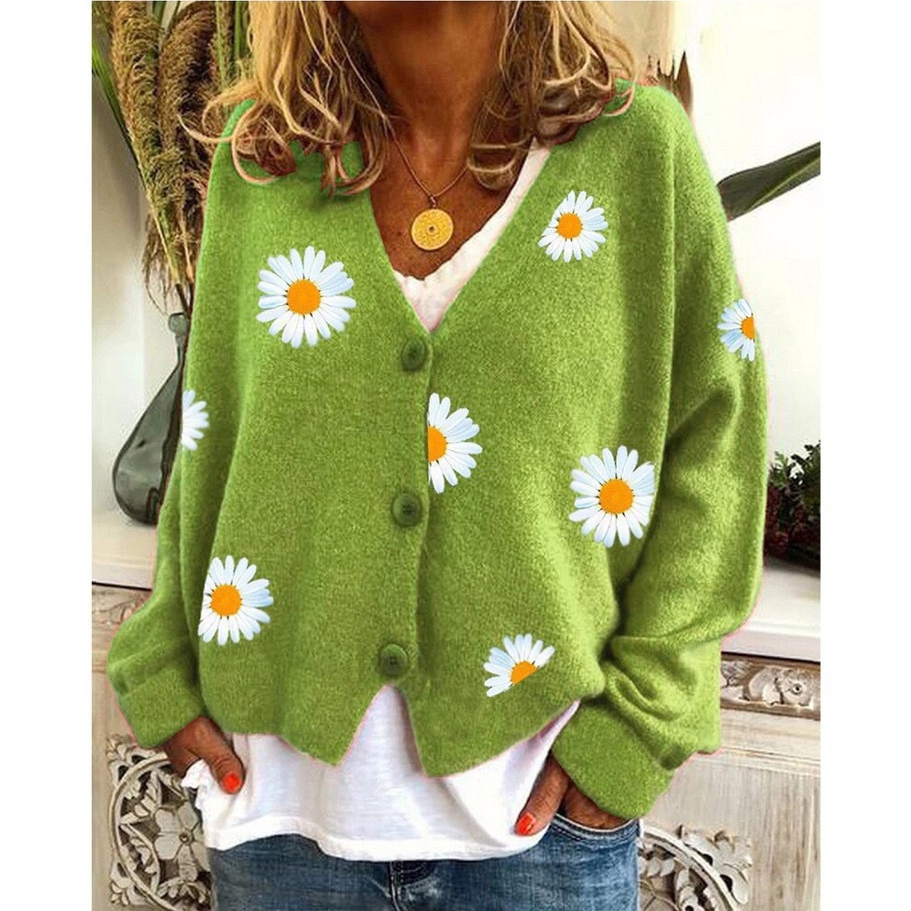 Knitted Cardigan with Single-Breasted Embroidery, Women's Loose-Fitting Long-Sleeve V-Neck Sweater, Stylish for Commuting