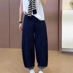 2025秋季丹宁蓝弯刀裤九分窄版高腰显瘦百搭直筒阔腿裤女大码胖mm