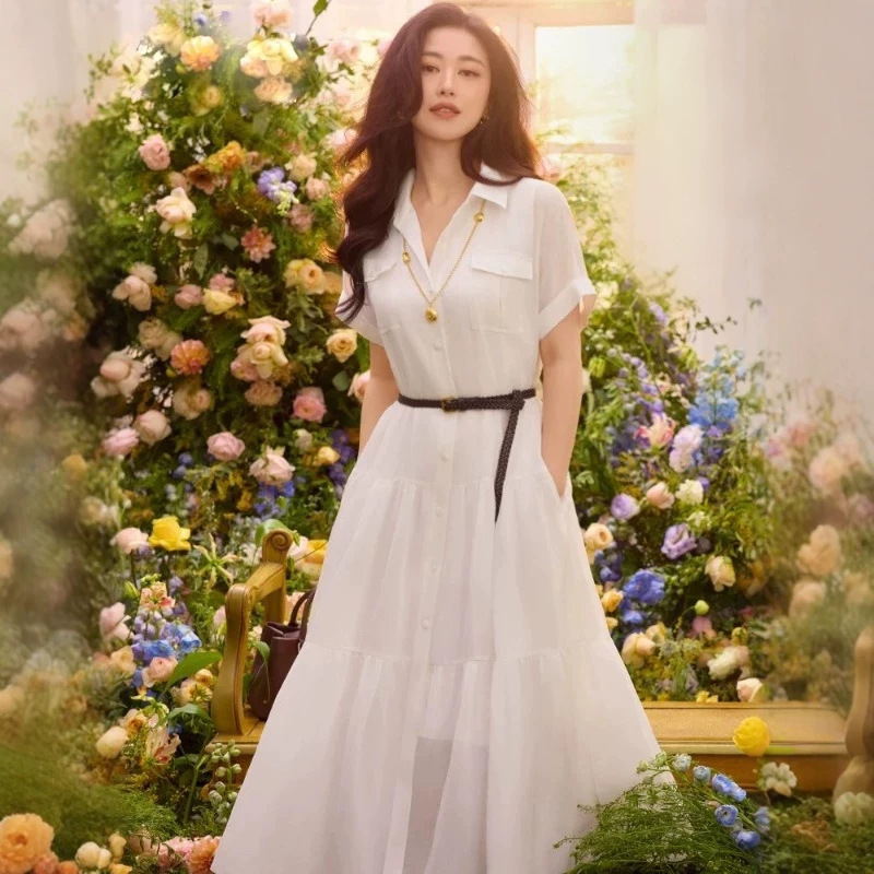 [Same Style as in the Mall] Short-Sleeved Exquisite and Elegant Dress with a Free Belt 26 New Summer Product 0541