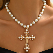 欧美跨境微镶水钻大十字架锁骨链赛博风串珠necklace项链紫水晶