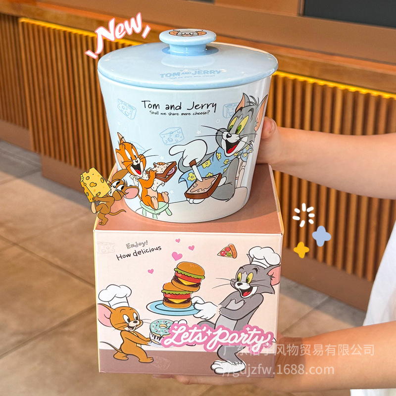 猫和老鼠泡面碗陶瓷带盖宿舍用学生泡面杯大容量螺蛳粉碗可爱汤碗|undefined
