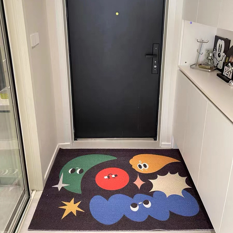 Cartoon-style creative indoor wire-loop doormat, contrasting colors, entrance hall rug, dirt-resistant PVC door mat for main entrance—cuttable.