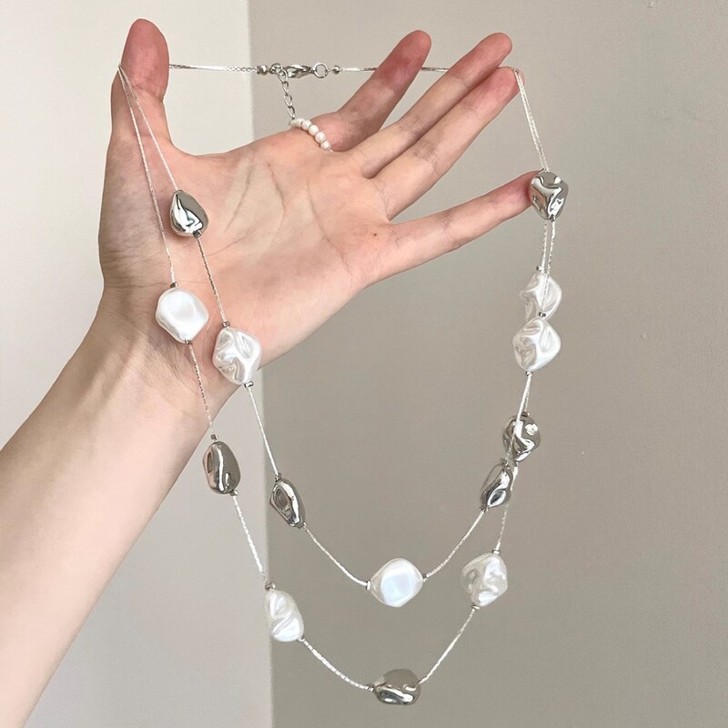Retro Baroque Shaped Pearl Multi-Layered Necklace Niche Simple Elegant Sweater Chain Fashion Neck Chain Accessories