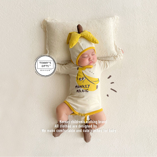 2024 Autumn Korean style baby jumpsuit ins style banana shape printed harem baby bag with hood