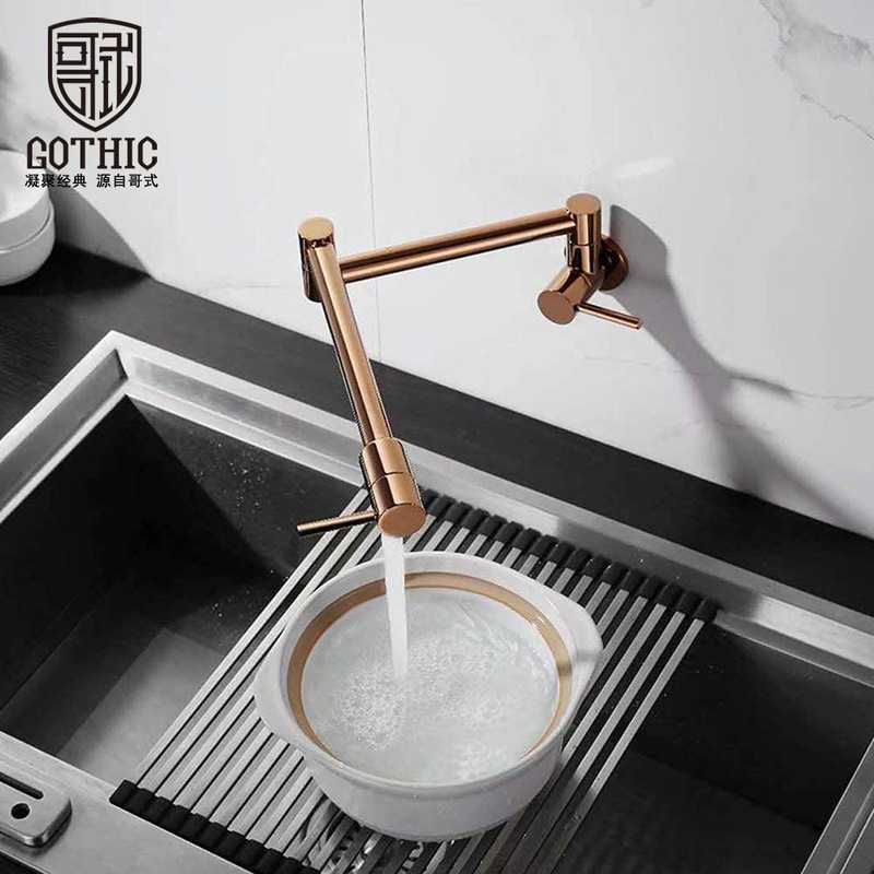 Gothic-Style Rose All-Copper Kitchen Sink Faucet, Foldable Rotating Soup Pot Filling Faucet, Single Cold Water Wall-Mounted Faucet