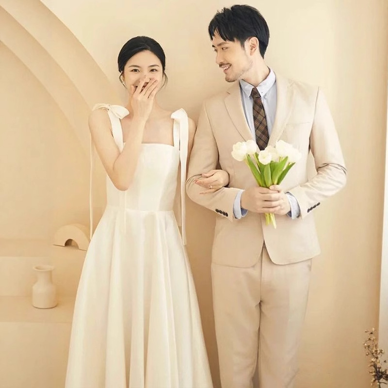 Korean-Style Travel Photography Light Wedding Dress 2026 New Model White Simple Wedding Registration Dress with Bow and Spaghetti Straps