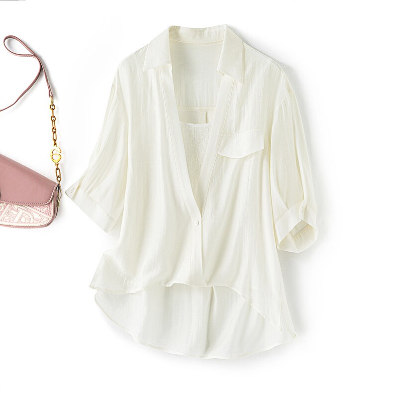 Endemic White Fake Two-Piece Mulberry Silk Shirt for Women Summer Light and Thin Work Clothing Loose Polo Collar Short-Sleeved Top