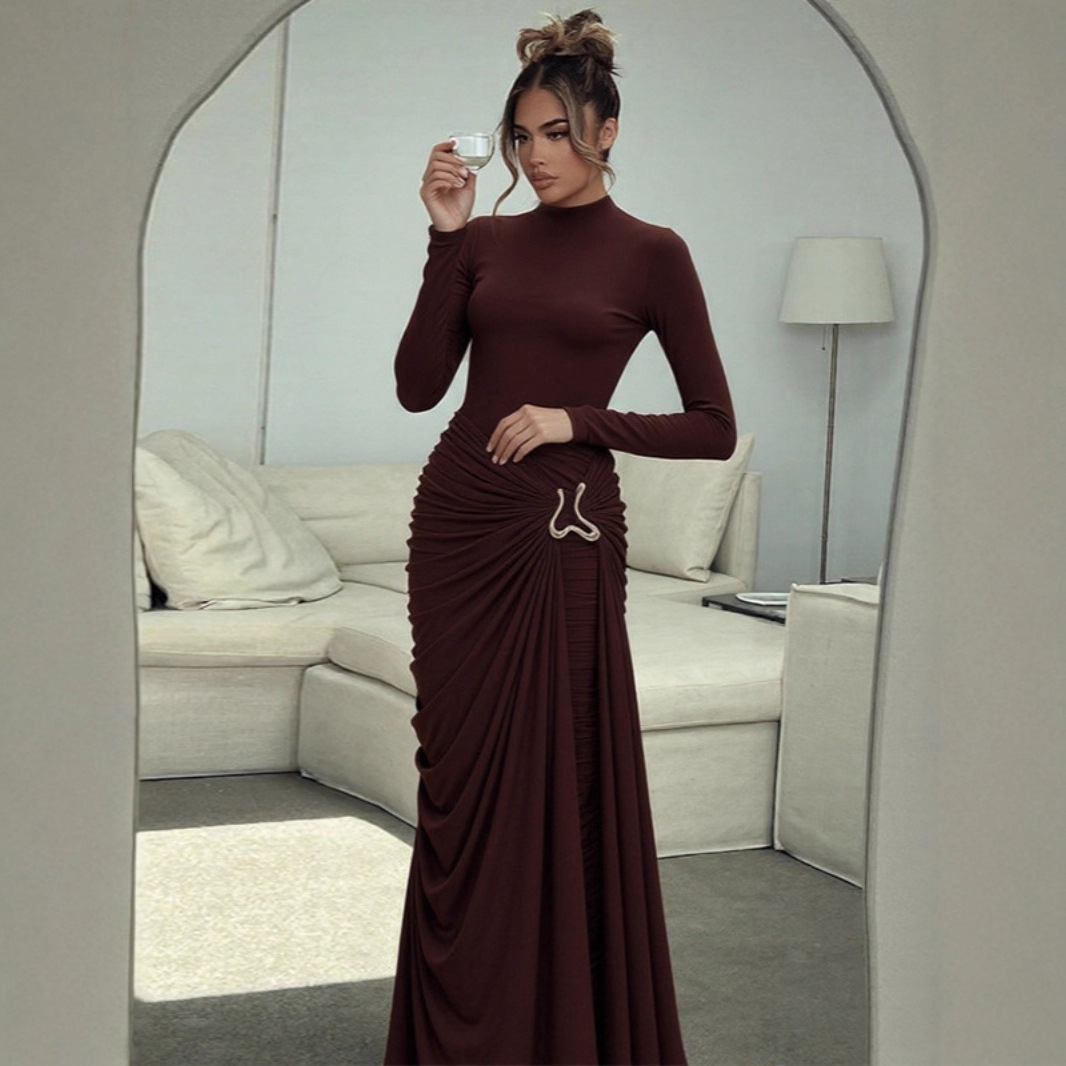 Women's Solid Color round Neck Dress Long Sleeve Fashionable Temperament European American Style Autumn New Clothing with Decorative Ring Buckle_ecoleips.com