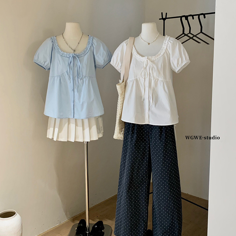 WGWE6259 ウッドエッジレースアップUネックパフスリーブシャツ夏ルーズシャツプチベビードールシャツトップ|undefined