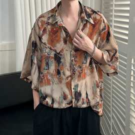 花衬衫男高级感痞帅夏薄款短袖男款冰丝穿搭复古衬衣港风2026现货