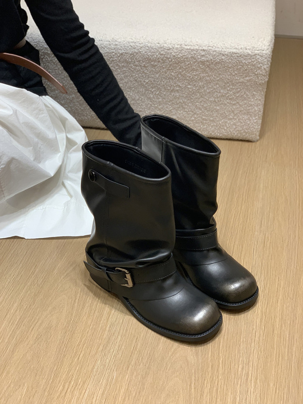 短靴女款秋2025新款皮带扣粗跟牛仔靴马丁靴穿搭褶皱堆堆裤管靴子|undefined