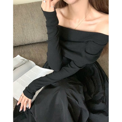 2025新款赫本风高级感黑色一字露肩长袖连衣裙女春秋装气质长裙子
