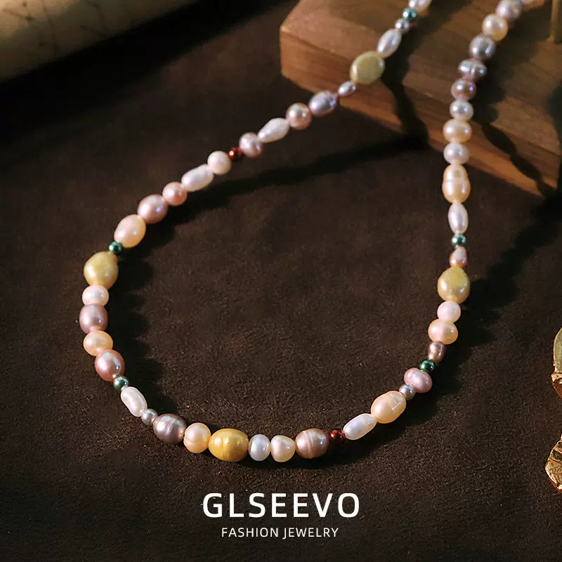 原创天然珍珠彩色巴洛克串珠项链女小众百搭颈链高级感轻奢锁骨链