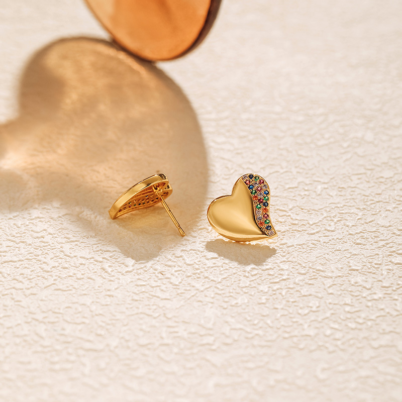 Ear Studs Classification 1 Pair Quantity 1 Pair Sweet Heart Shape Inlay Copper Zircon 18K Gold Plated Ear Studs