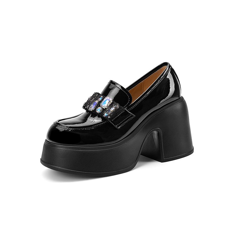 Giày loafer nữ mũi tròn gót vuông đính đá phong cách JK — màu đen, màu trắng ngà