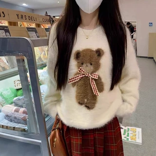 2025秋冬季仿貂可爱小熊蝴蝶结撞色软糯毛衣女慵懒风套头针织上衣