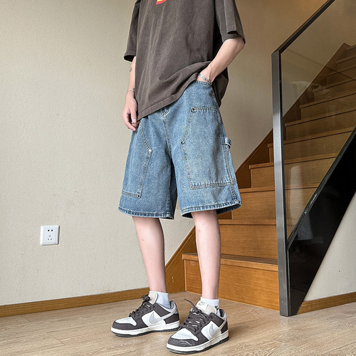 American Retro Washed Denim Shorts for Men - Summer Thin Model, Streetwear Brand Loose Five-Finger Pants, Logger Work Pants