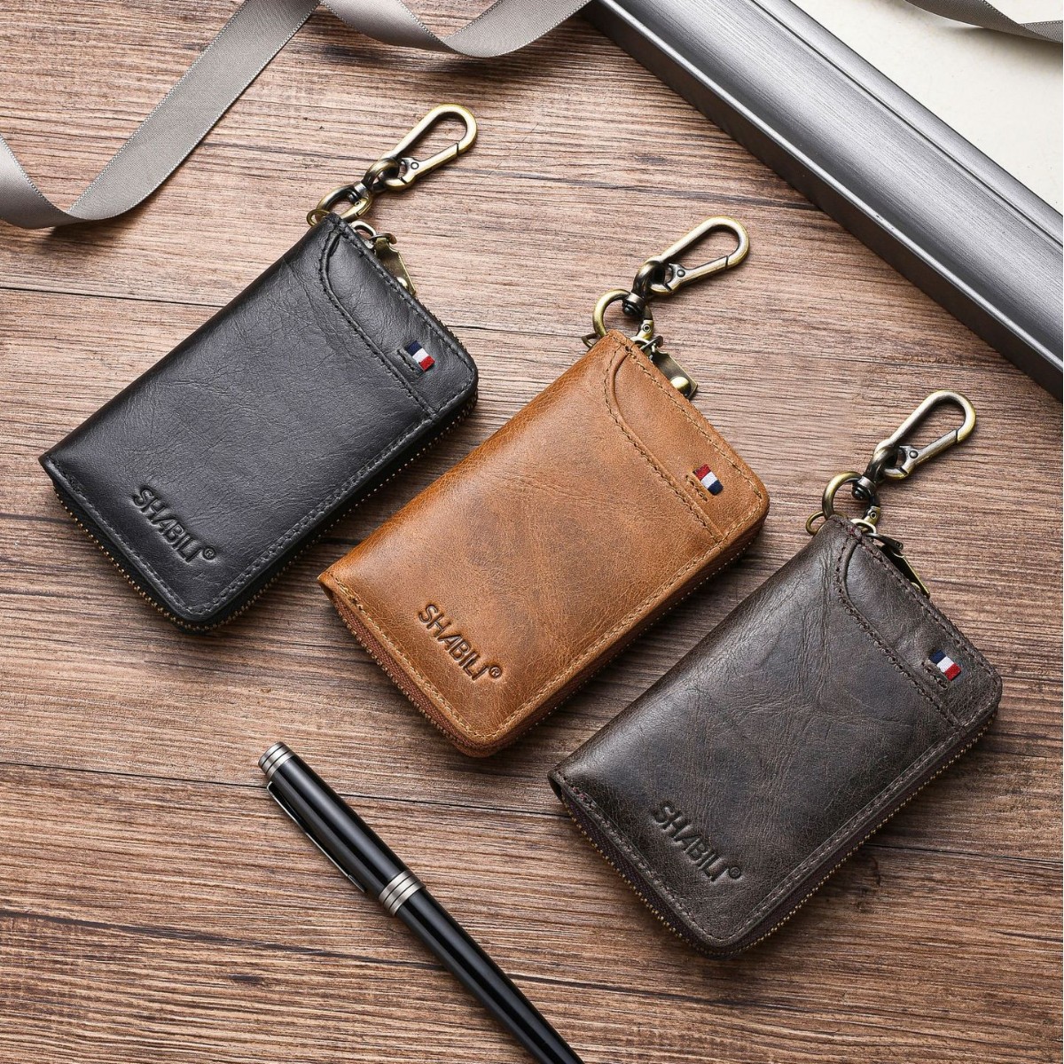 inside and outside cowhide car key bag genuine leather home key protection leather case access card key bag multi-card wallet