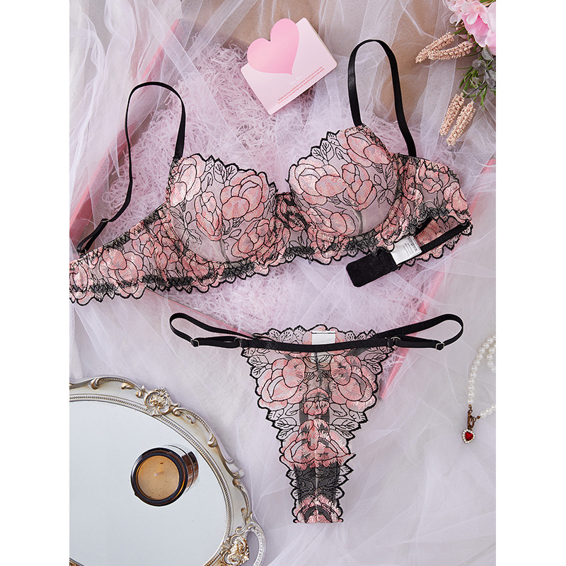 European And American Lingerie Sets Sexy Color-Block Sheer Hollow Out Underwear Floral Embroidery Erotic Set_voghion.com