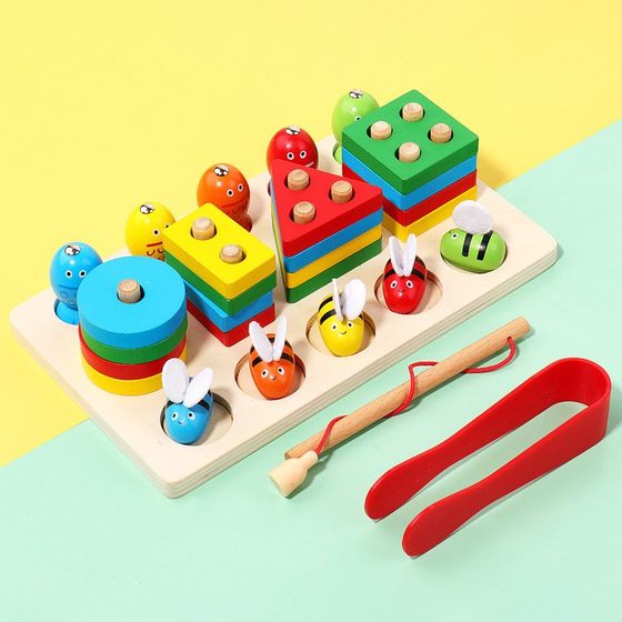 Wooden three-in-one multi-functional fishing set post children's Montessori shape recognition pairing hand-eye coordination educational toys