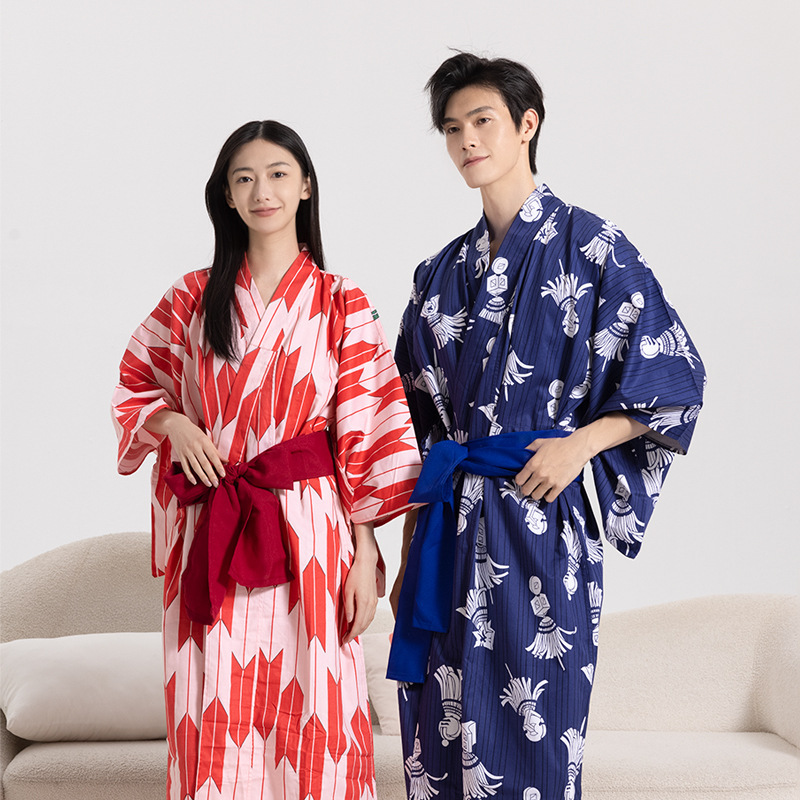 in stock Pure Cotton Bathrobe Hot Spring Kimono Couple Bathrobe Men's and Women's Homestay Home Clothes Japanese Style Women's and Men's