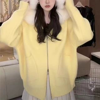 美拉德毛绒拼接连帽毛衣外套女秋冬宽松慵懒高级感双拉链针织开衫
