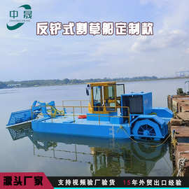 反铲式割草船国外按需定制款 河道清理设备 垃圾打捞船图片视频