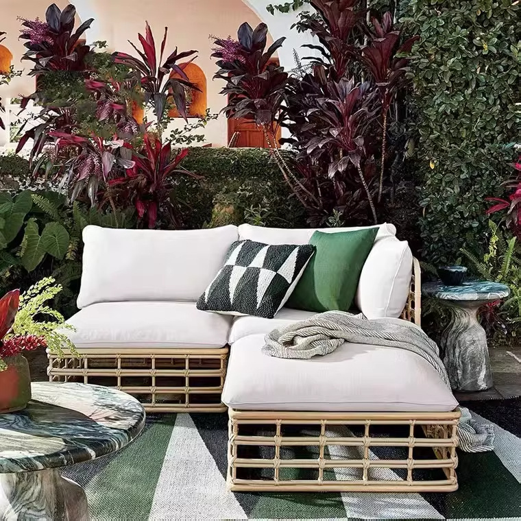 Sofá de caña al aire libre balcón ocio pequeño sofá mesa de té combinación patio jardín sala de estar al aire libre pequeño muebles de casa