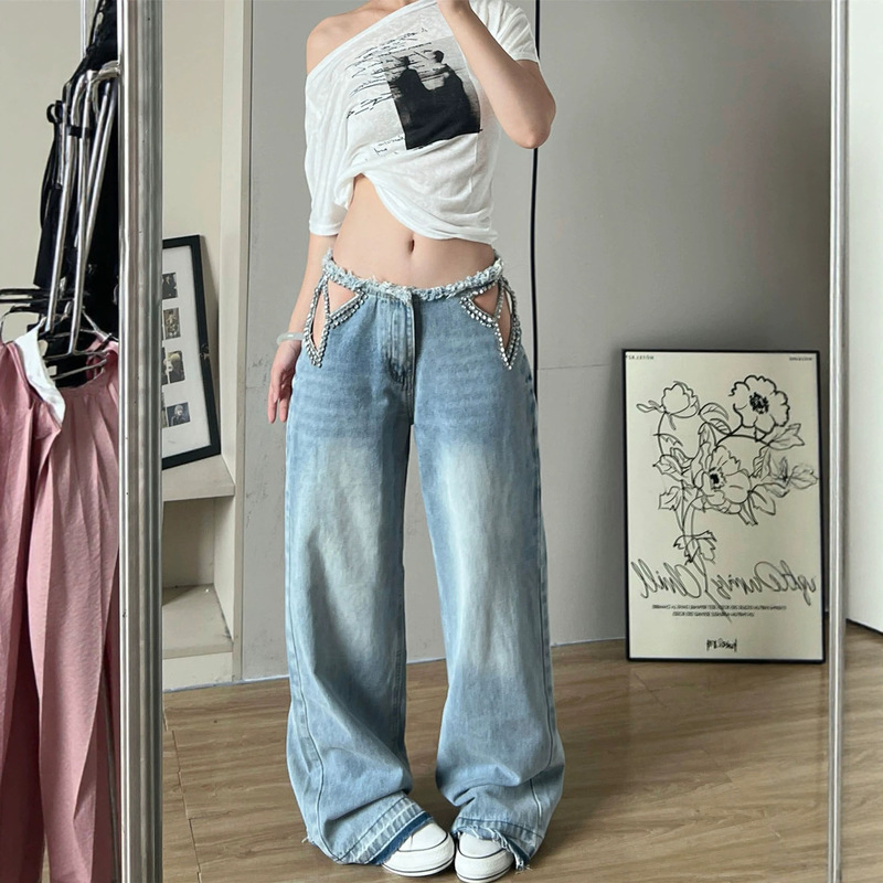European and American Cross-Border Y2K American Retro Hot Girl Style Star Hollow-Out Rhinestone Jeans Loose Wide-Leg Pants