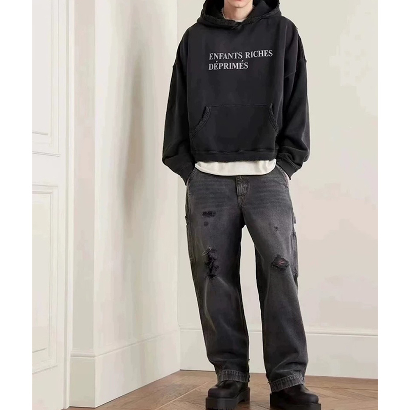 Melancholy Rich Second Generation ERD Pin Ripped Jeans Men's Street Retro Loose Straight Casual Pants