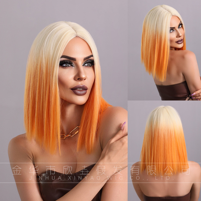 Pay Attention to Order - Mini Lace Bobo Short Straight Hair Orange Gradient Hand-Woven Chemical Fiber Wig Full Head Cover Pay Attention to Order - Mini Lace Bobo Short Straight Hair Orange Gradient Hand-Woven Chemical Fiber Wig Full Head Cover