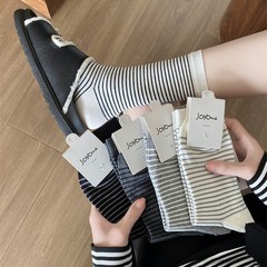 骨なし抗ピリングストライプソックス 韓国風春夏レディースソックス 白黒万能 日系カジュアル横縞パイルソックス 女性用