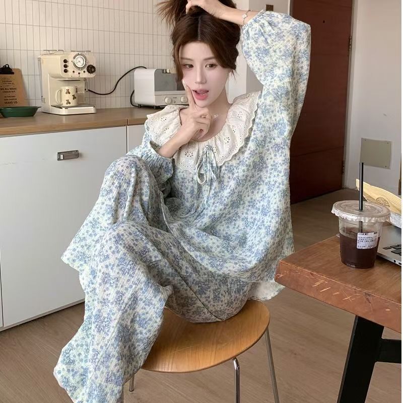 Lace Plaid Long-Sleeved Floral Pajamas for Women Cloud Cotton Spring and Autumn Doll Collar Princess Style Home Wear Set