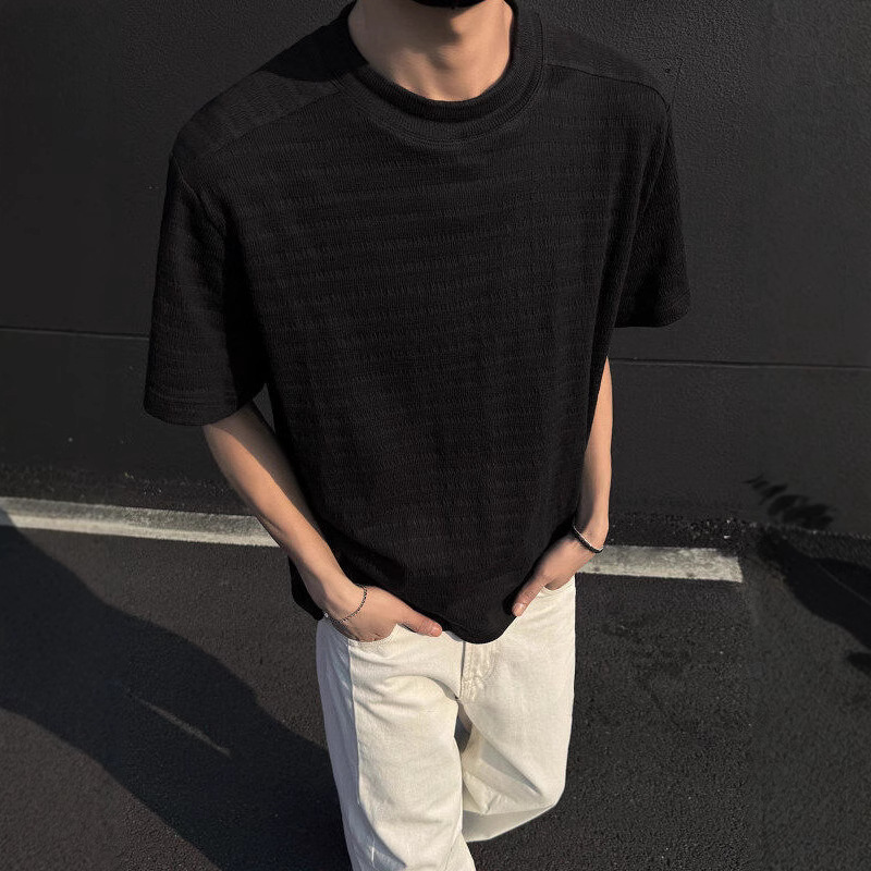 T-shirt jacquard court et respirant de couleur unie pour homme, coupe slim, polyvalent, col rond, manches mi-longues_voghion.com