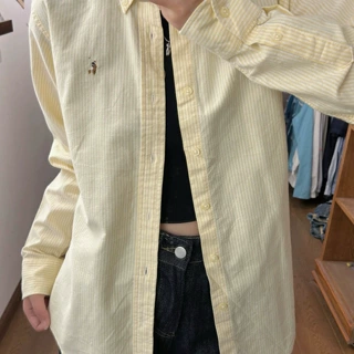 原单RL拉夫条纹polo领衬衫男女同款小个甜美减龄衬衣休闲长袖上衣