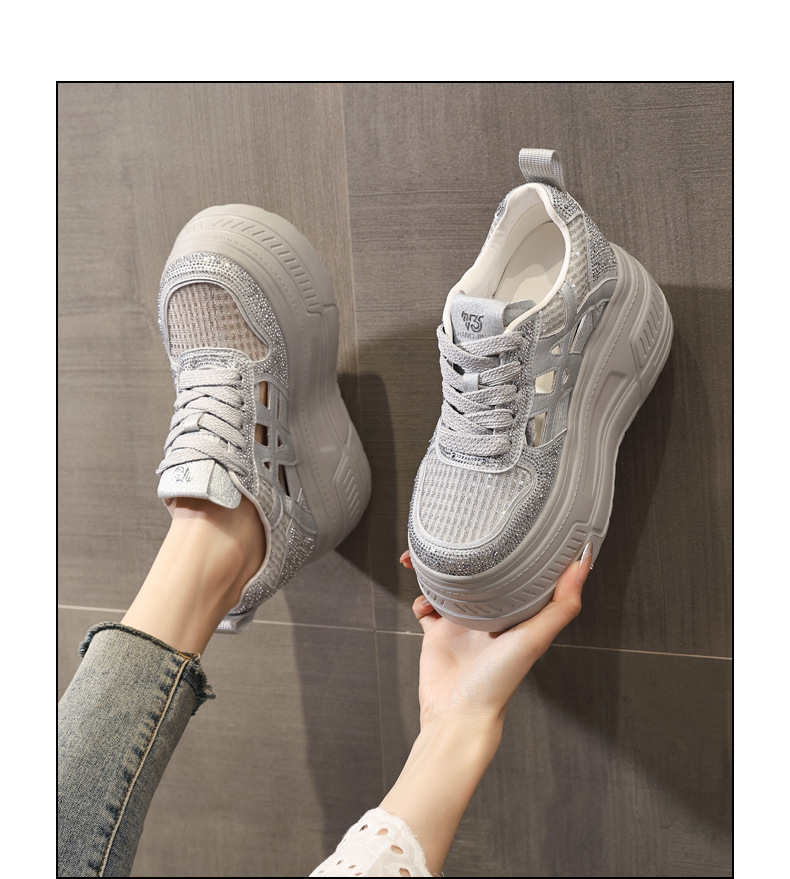 Giày sneaker nữ đế dày tăng chiều cao, phối đá rhinestone, lưới thoáng khí — màu trắng chi tiết 14