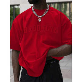 U 887 速卖通TEMU跨境秋季外贸款男士夏季凸纹字母圆领休闲短款