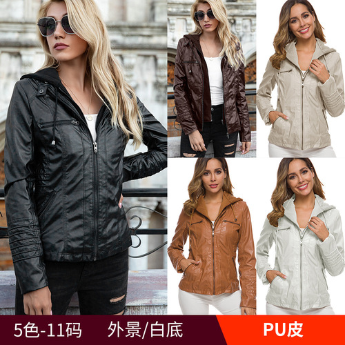 Amazon European and American Detachable Hooded Zipper Long-Sleeve Plain Color Women's Leather Jacket Foreign Trade Jacket Outerwear Casual Matchable