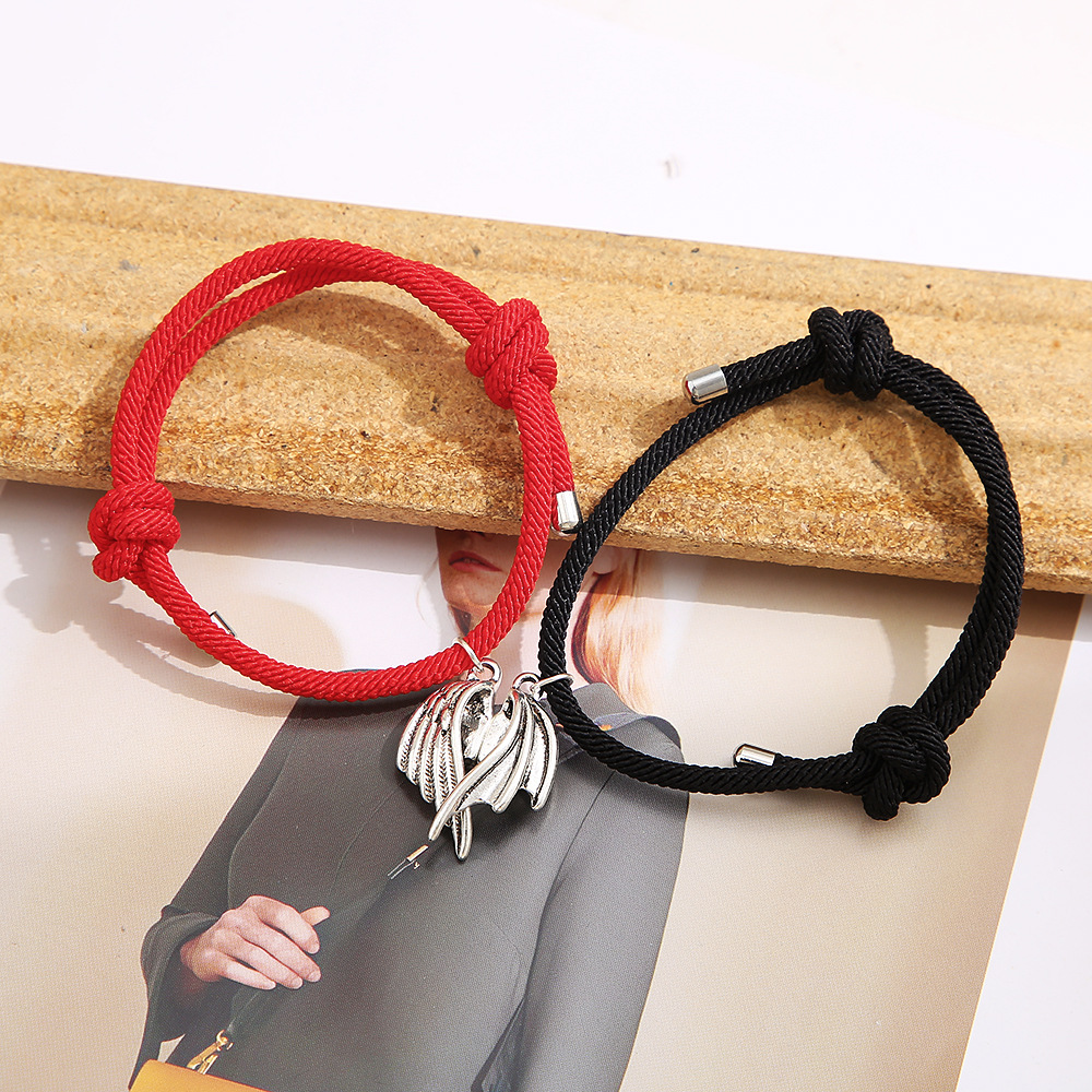 Fashion Devil Wings Magnet Pair Splicing Couple Red And Black Rope Bracelet display picture 1